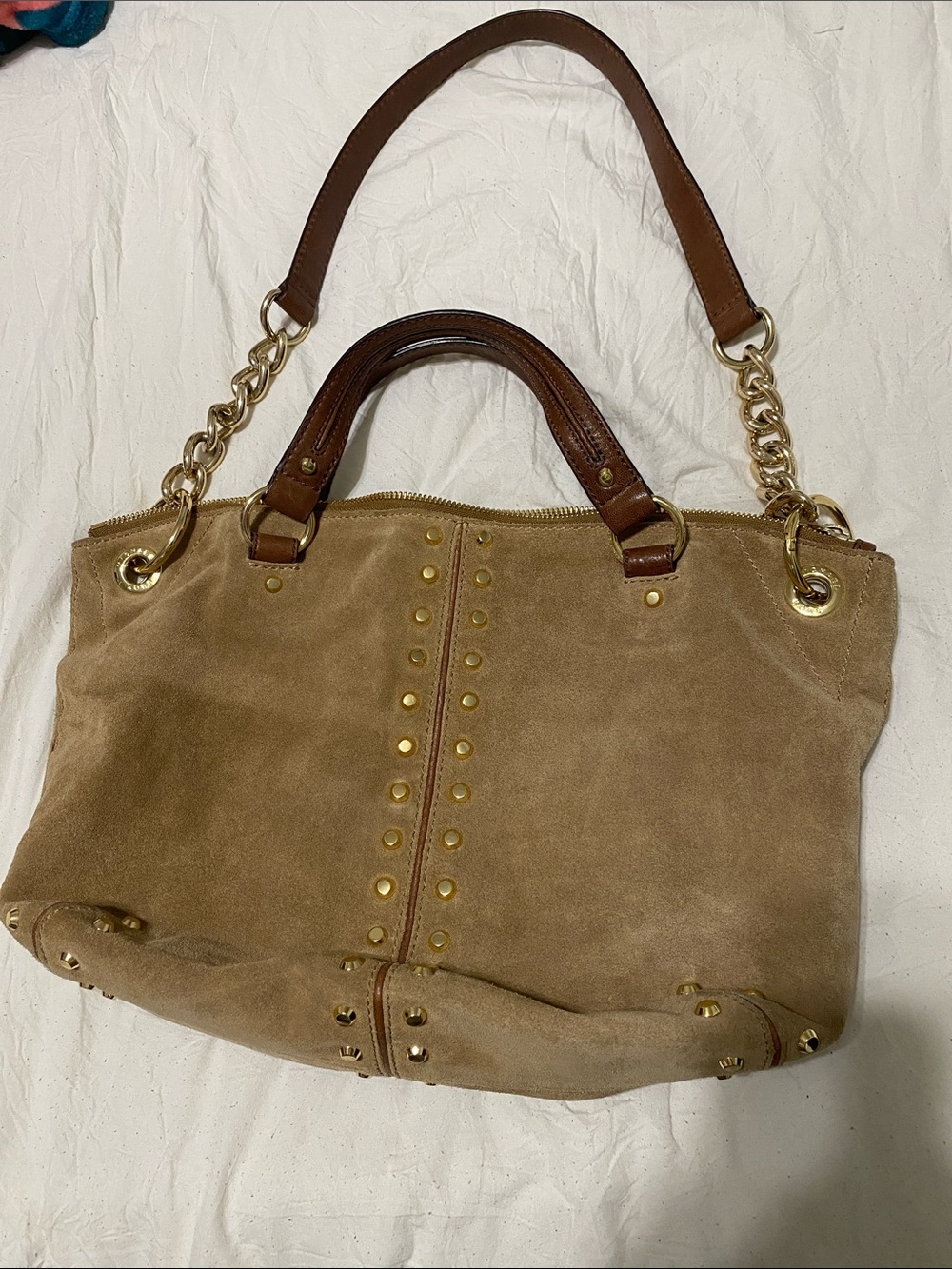 MICHAEL Michael Kors Tan Suede Shoulder Bag with Gold Studs & Chain Strap